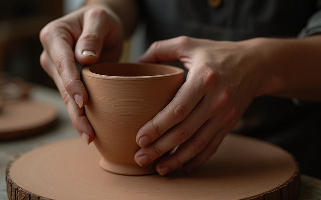Hände, die eine Keramikschale mit Glasur bestreichen