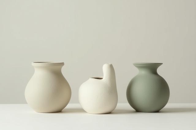 Set aus drei kleinen Keramikvasen in verschiedenen Formen