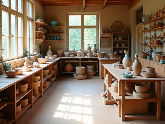Töpferatelier von Falken Ton, umgeben von natürlichem Licht und handgefertigter Keramik.