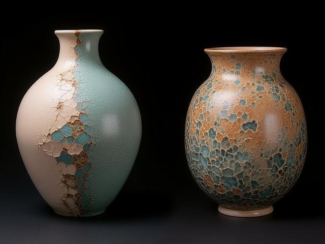 Nahaufnahme einer Keramikschale mit Craquelé-Glasur und einer Vase mit Kristallglasur