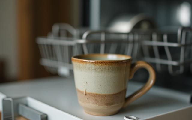 Nahaufnahme einer handgefertigten Keramiktasse mit floralen Mustern, im Hintergrund eine Spülmaschine.