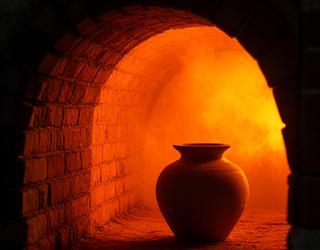 Keramikofen beim befeuern mit glühendem Innenraum