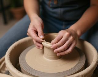 Studentin beim Töpfern an der Scheibe