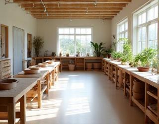 Heller und sauberer Innenraum einer Keramikwerkstatt mit Töpferscheiben