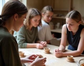Lehrer demonstriert Töpfertechniken einer Kleingruppe